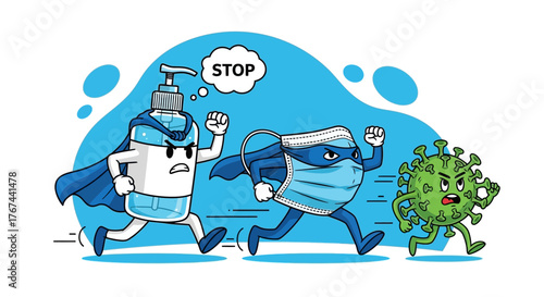 Sanitizer and face mask superheroes fighting against coronavirus spread preventing infection