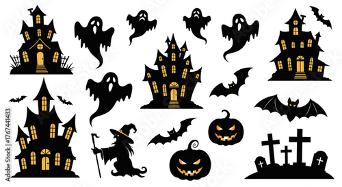 Classic Halloween silhouettes collection haunted houses, flying ghosts, bats, jack-o'-lanterns, witch, and gravestones. Perfect for festive designs and seasonal graphic projects