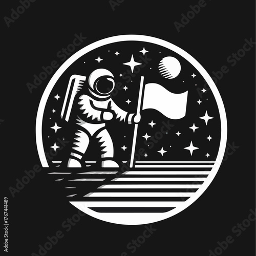 Stylized astronaut explorer planting a flag on a celestial body.