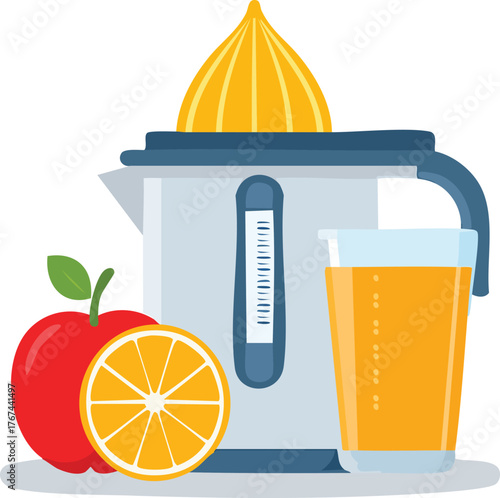 Freshly squeezed juice illustration featuring a juicer, an apple, and an orange for a healthy breakfast