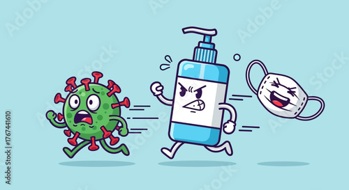 Cartoon illustration of sanitizer and mask chasing a virus on a light blue background spreading