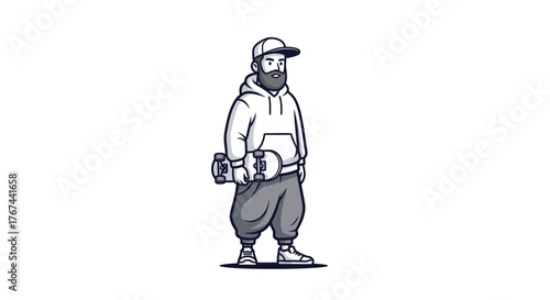 Stylized skater dude cartoon character wearing trendy clothing holding skateboard vector design