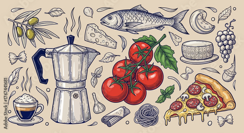 Hand-drawn Italian cuisine ingredients still life illustration with pasta and pizza slice