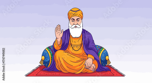 Guru Nanak Dev Ji's serene presence depicted in a traditional illustration with vibrant colors and