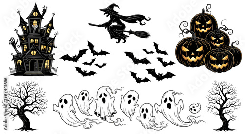 A comprehensive vector illustration set of classic Halloween elements including a haunted house, flying witch, spooky ghosts, and glowing pumpkins