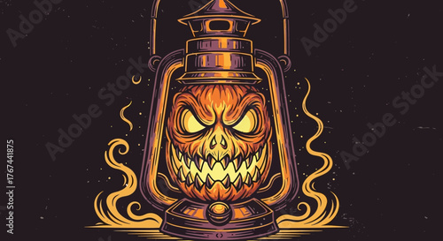 Menacing jack-o'-lantern lantern radiating an eerie glow on a dark, spooky background