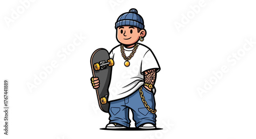 Cartoon skateboarder with beanie, chains, tattoos, and loose jeans embodies urban youth culture