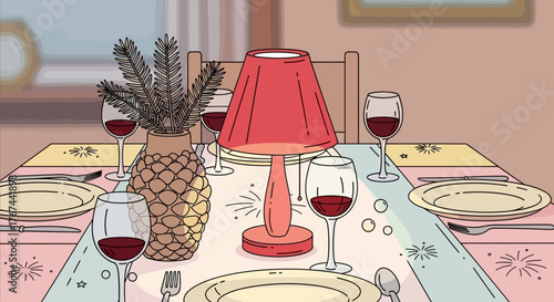 Stylized illustration of an indoor dining table setup with red wine and elegant lighting