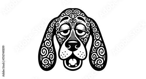 Intricate dog head illustration, ornate and sophisticated line art design of a hound