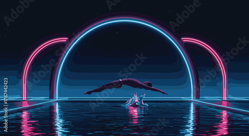 Neon Swimmer Dive A Futuristic and Artistic Pool Scene with Glowing Arches, Blue and Pink Tones