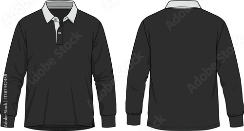 Long sleeve polo shirt flat sketch, contrast white collar, ribbed cuffs, button placket design, fashion technical drawing, garment template, front back view