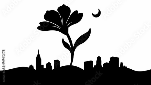 Elegant floral design growing above the cityscape under the moon's glow, a modern botanical silhouette