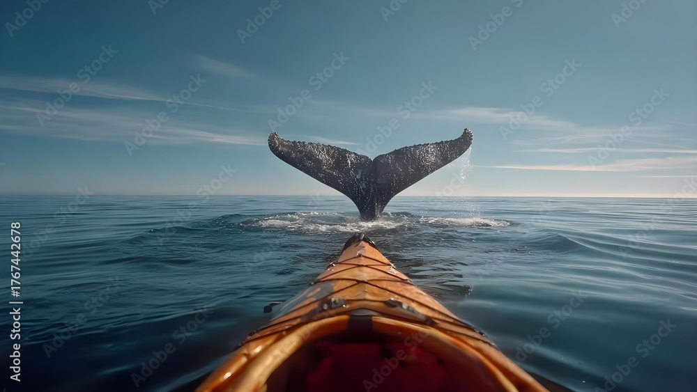 Fototapeta premium From an orange kayak, a whale tail fluke rises above the calm sea, spray sparkling in the sunlight. Concept Whale Tail Fluke, Orange Kayak, Sunlit Spray, Calm Sea, Ocean Adventure