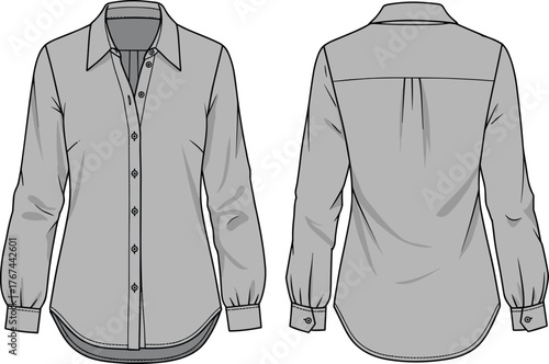 Button-up shirt flat sketch, gathered cuff sleeves, pleated back yoke, tailored fit, fashion technical drawing, garment template, front back view