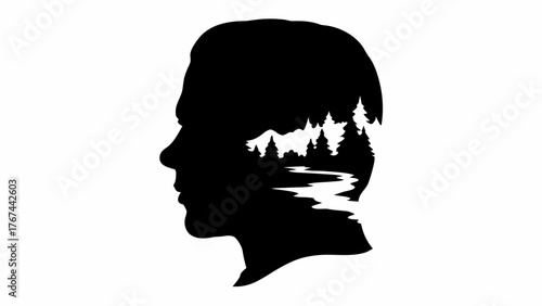 Ecology mind concept showing serene nature landscape inside human head silhouette, vector design