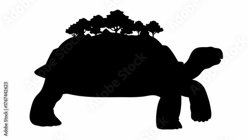 Enchanting tortoise silhouette carrying a miniature forest on its back, a whimsical dreamscape