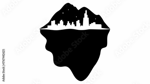 Striking black and white silhouette of a city skyline nestled within mountainous landscape art