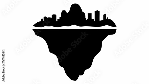 Dynamic skyline silhouette atop floating landmass conveys urban development and environmental design