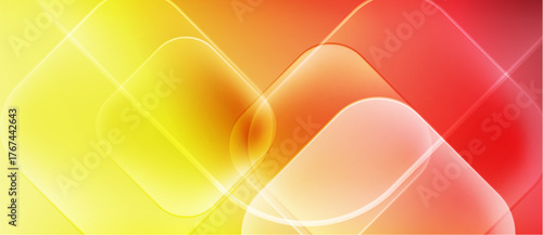 Abstract composition featuring overlapping squares. Colors transition from yellow to orange, then red. Bright gradients create luminous effect.