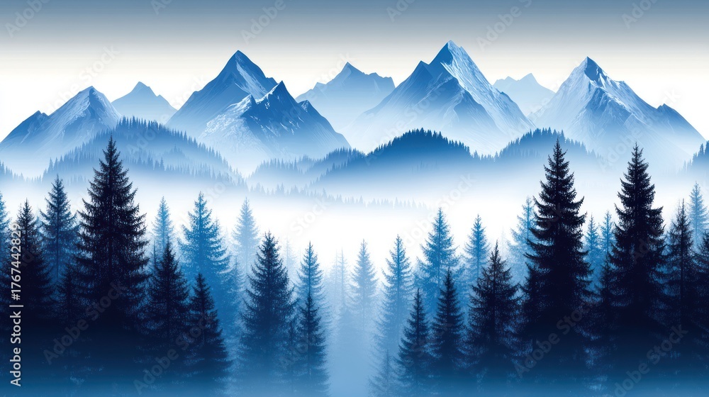 Fototapeta premium Misty mountain range with dark forest