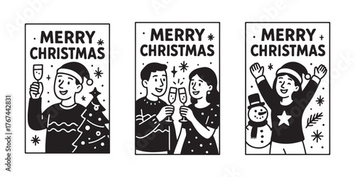 Joyful people celebrating Christmas toasts with festive cheer and sparkling drinks, spreading holiday spirit in charming illustrations