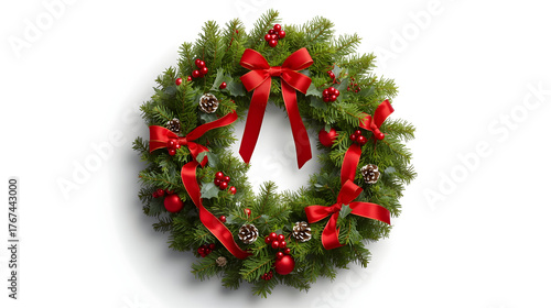Traditional Christmas Wreath Decorated with Pine Cones, Red Berries, and Green Foliage Isolated on White Background
