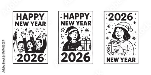 Celebrate the vibrant spirit of 2026 with joyful New Year greetings and festive gift-giving illustrations, perfect for holiday promotions
