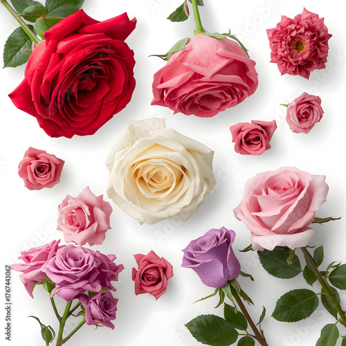 Beautiful Collection of Fresh Red, Pink, White, and Lavender Roses Isolated on White Background 