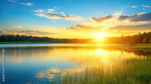 Wallpaper Mural Serene sunset over a tranquil lake. Lush trees line the shore Torontodigital.ca