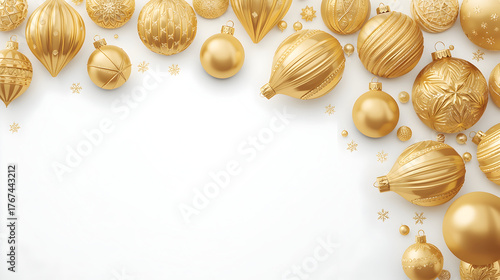 Festive Gold Christmas Balls and Decorative Elements Arranged on White Surface for Modern Winter Holiday Background