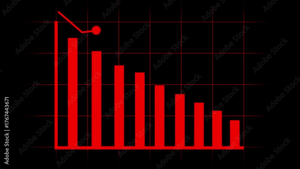 Digital image of neon red bar chart showing downward trend on grid for ...