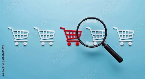 Magnifying Glass Highlighting Red Shopping Cart Among White Carts on Light Blue Background Representing Consumer Focus
