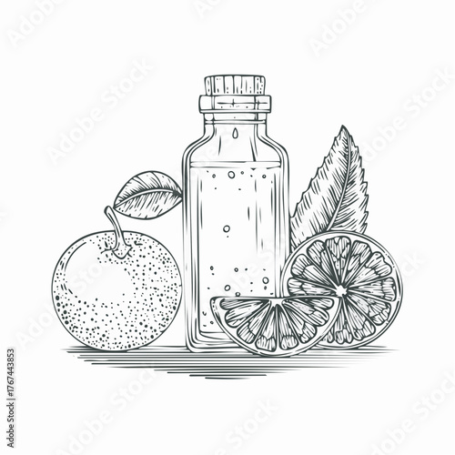 Citrus essential oil bottle with orange slices and leaves sketch