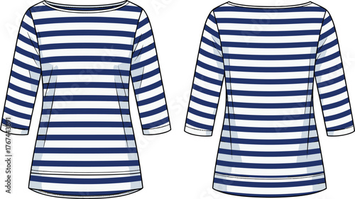 Striped shirt flat sketch, navy white pattern, round neckline design, three-quarter sleeve, fashion technical drawing, garment template, front back view