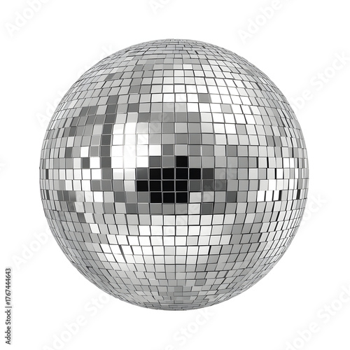 Shiny silver disco ball reflecting light with metallic mirror tiles isolated on white background 