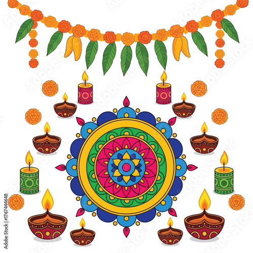 Colorful illustration of Diwali decorations, including candles, flowers, and a mandala.