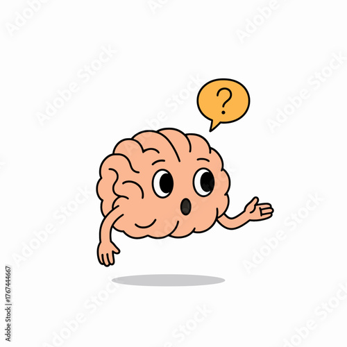 Cartoon Brain with Question Mark Symbol of Thinking