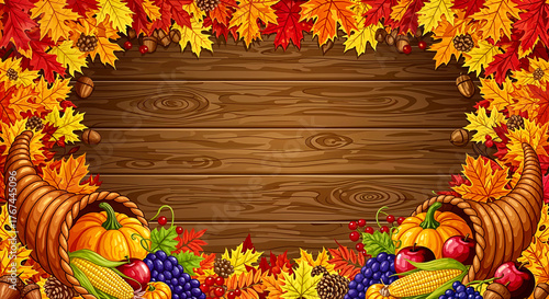 Autumn Harvest Frame with Colorful Leaves, Cornucopias, and Wooden Center for Seasonal Messages or Thanksgiving Themes

