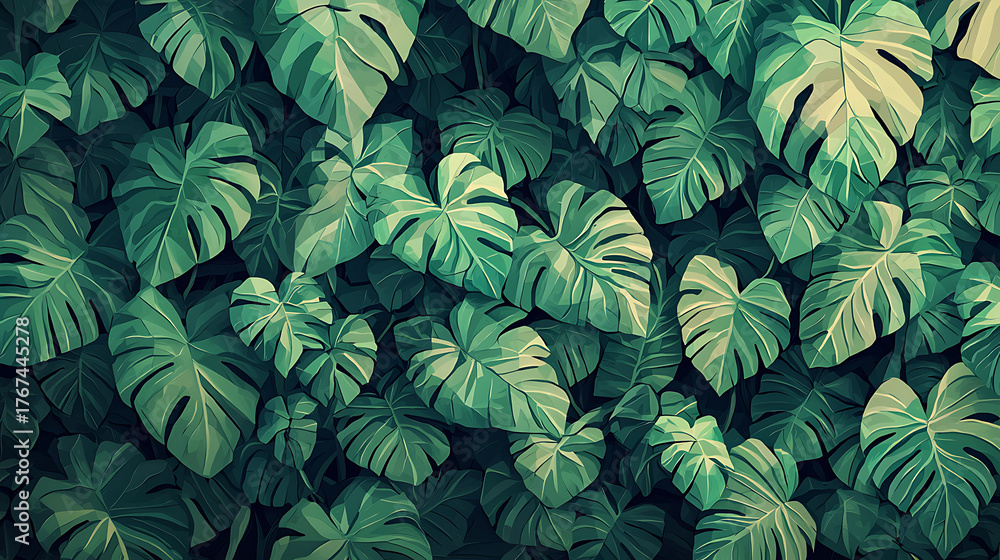 Fototapeta premium Lush Green Monstera Leaves Texture, Tropical Foliage Pattern Background