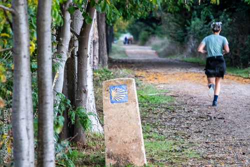Fotografie Pilgrims walking on the Camino de Santiago, Mansilla de las Mulas , Autonomous C