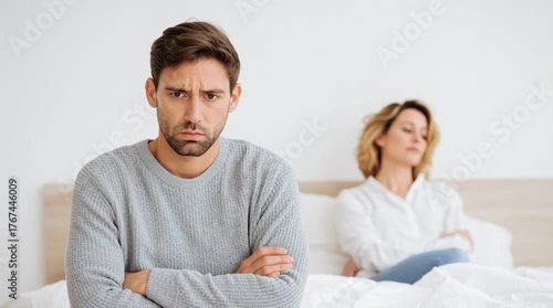 A man in his late thirties is confused, he sighs as he has just had a fiasco in bed. A Caucasian man sits in bed with arms crossed, while his wife is sitting upset on her side of their bedroom