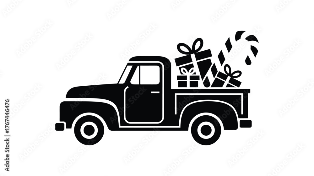 Fototapeta premium Christmas Truck Vector Illustration ? Vintage Pickup Carrying Gifts and Candy Canes Silhouette Holiday Design Isolated on White Background