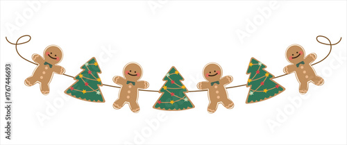 Cute Christmas decoration with hanging Gingerbread Cookies style.  Vector illustrations for greeting card, party seasonal.