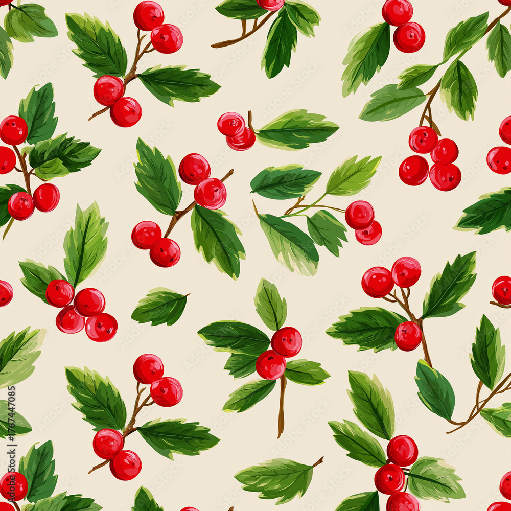 mistletoe seamless pattern, holly berry and leaf background. Xmas holiday plant print, winter ilex bg. Simple fruit sprig branch banner, rea and green colors. Cartoon vector illustration