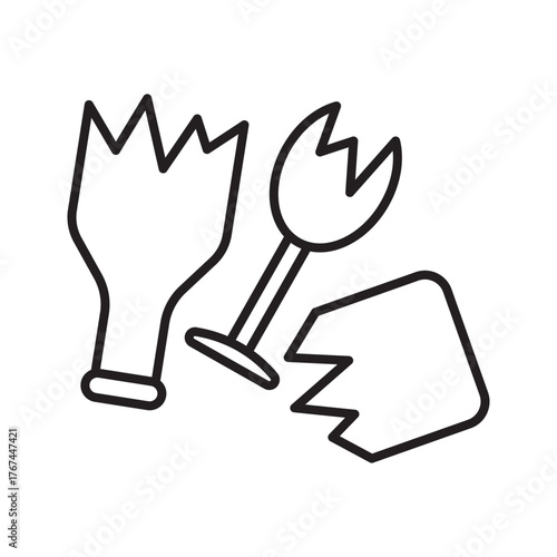 Broken Glass Line Icon: Shattered Bottle and Wineglass Fragments