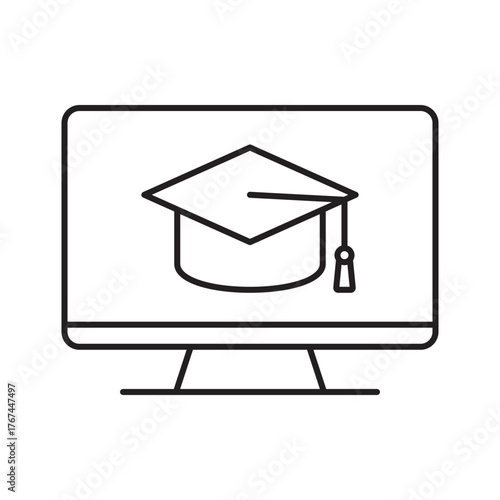 Online Education Icon, Graduation Cap on a Computer Monitor. E-Learning and Distance Education Symbol