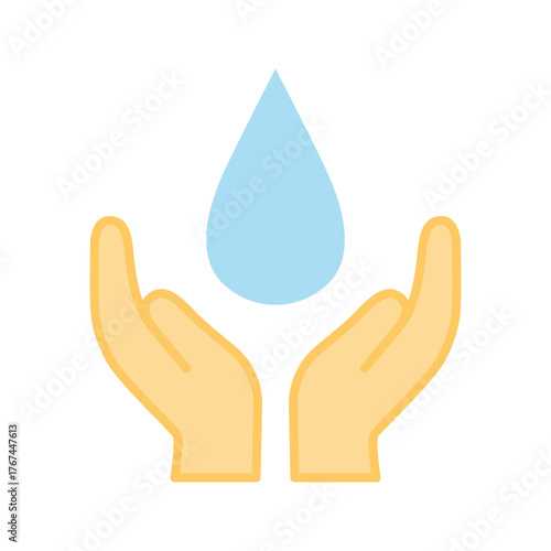 Nature Protection Icon. Hands Holding a Blue Water Drop. Vector Illustration