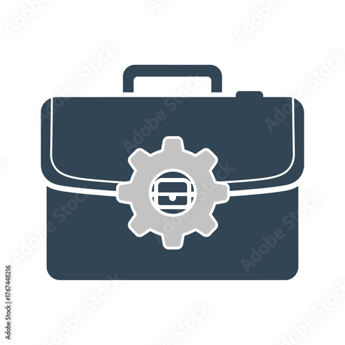 Dark blue briefcase with a gear in the middle.