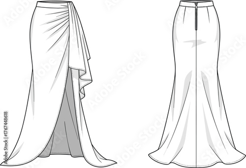 Women’s long skirt fashion illustration, technical flat sketch, front and back view, draped overlay, flared hem, layered design, garment construction drawing