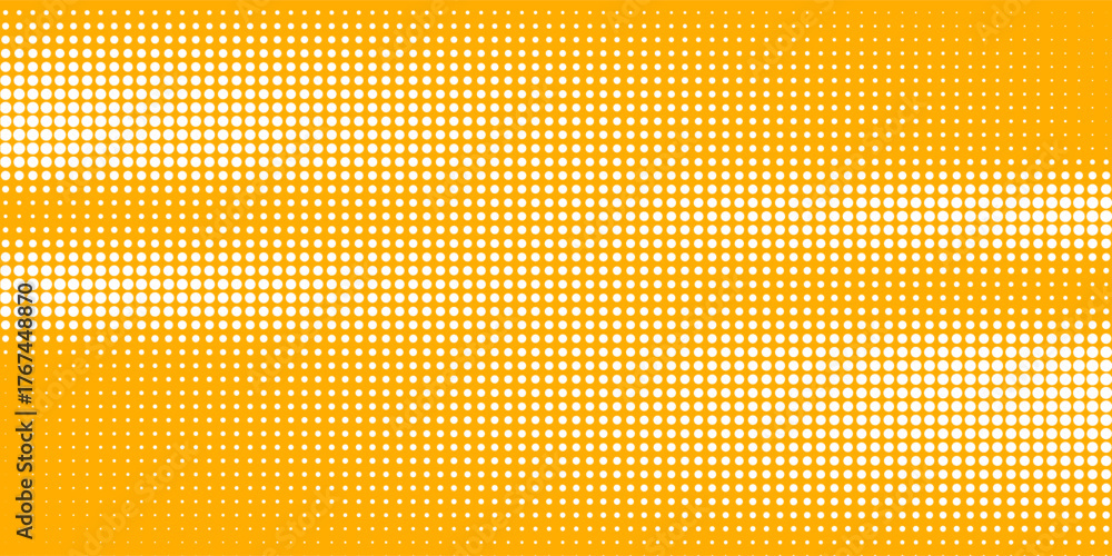 Fototapeta premium Yellow orange halftone pattern. Retro comic gradient background. Square pixilated dot cartoon texture. Pop art faded gradient pattern. Vector backdrop.